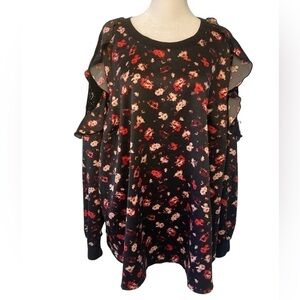Lane Bryant 22 blouse floral black lace ruffles crew neck black red pink